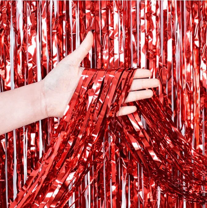 CORTINA FIESTA LARGA HOLOGRAMA METALICA ROJO 195X95 E1