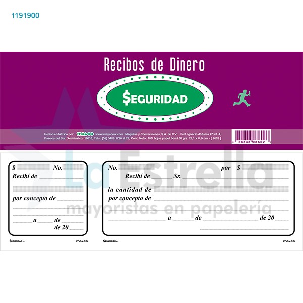 RECIBO DE DINERO 8602 SEGURIDAD CTALON 100H. C100