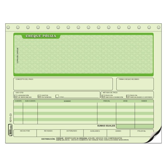 POLIZA DE CHEQUE 1011CI PRINTA.12 OFI. 20 JGO. CCARB 50