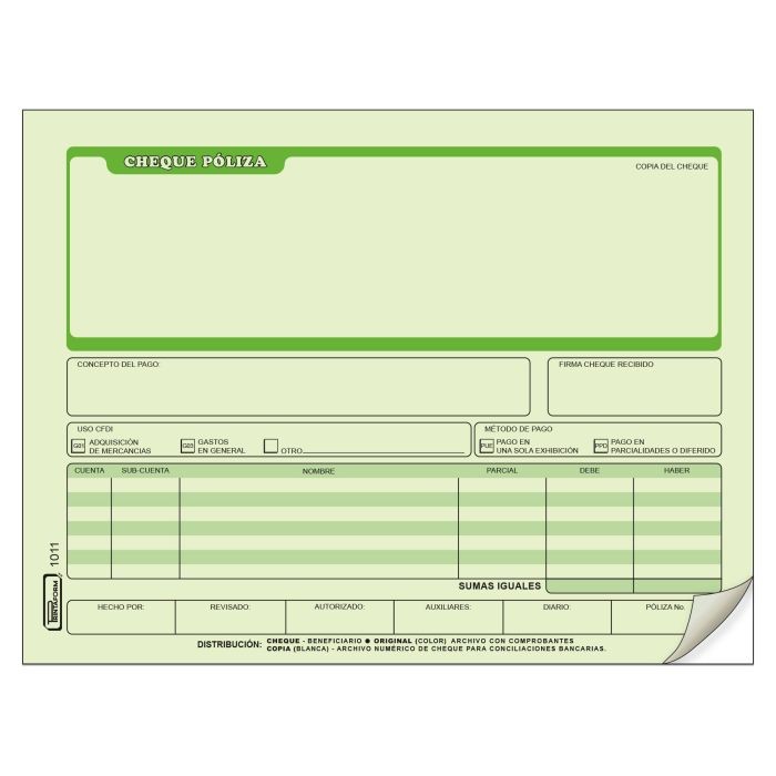 POLIZA DE CHEQUE 1011 PRINTAFORM 12 OFI. 25 JGO. E3144