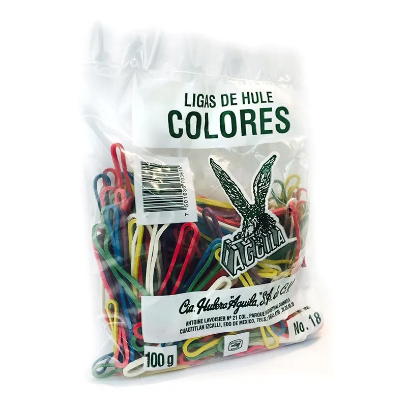 LIGAS DE HULE 18 AGUILA BOLSA 100 GRS. COLORES C.150