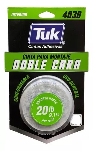 CINTA ADH. DOBLE CAPA PARA MONTAJE 25X1.5M 4030 TUK C.16